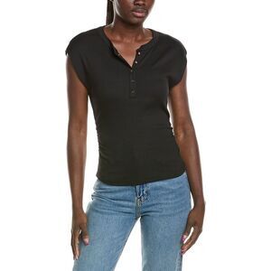Michael Stars Womens  Joni Snap Henley Power Shoulder Top, Black